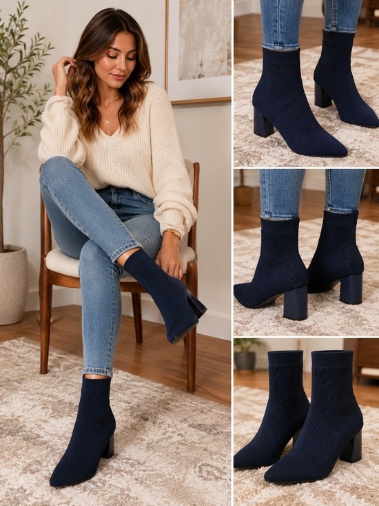 Impo Shoes - Impo Vesca Navy Knit Sock Ankle Boots Women's Size 9.5M Block Heel Stretch Booti